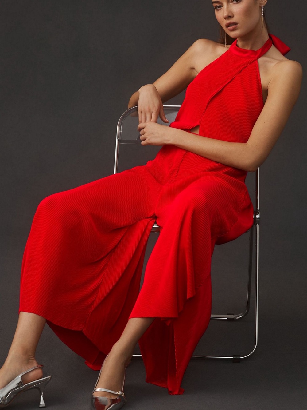 Anthropologie Red Halter Wide-Leg Jumpsuit M